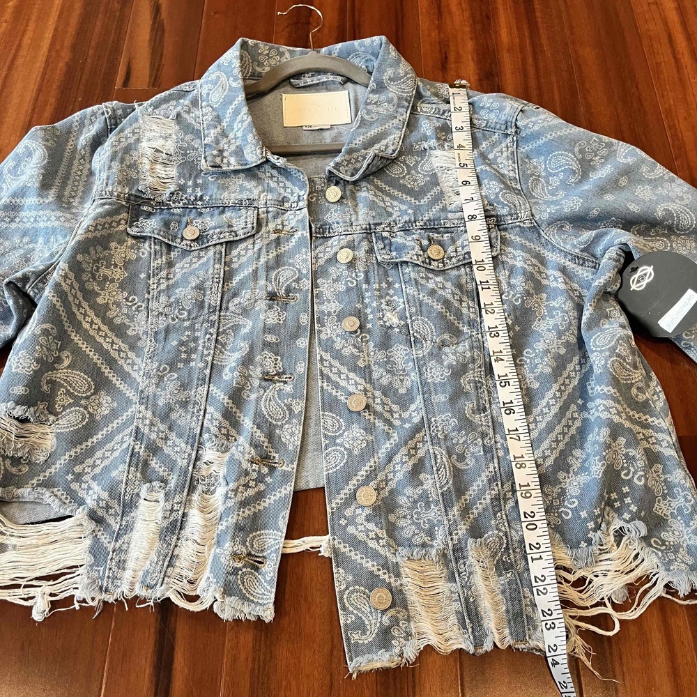 New One5One Blue Jacket Denim Paisley Heavily Distressed Ripped FrayedJean Sz 2X - Picture 7 of 9